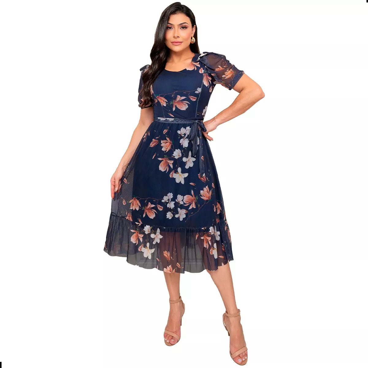 Vestido Midi Tule Estampado para mulheres plus size